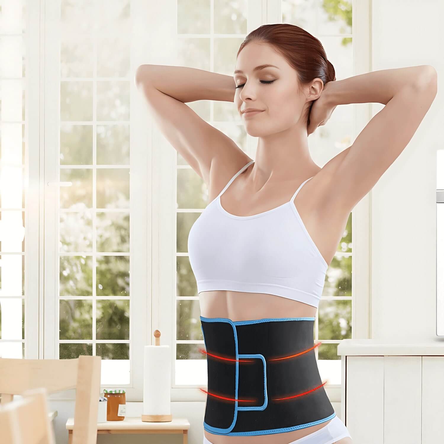 Lady wearing red light therapy belt for period pain