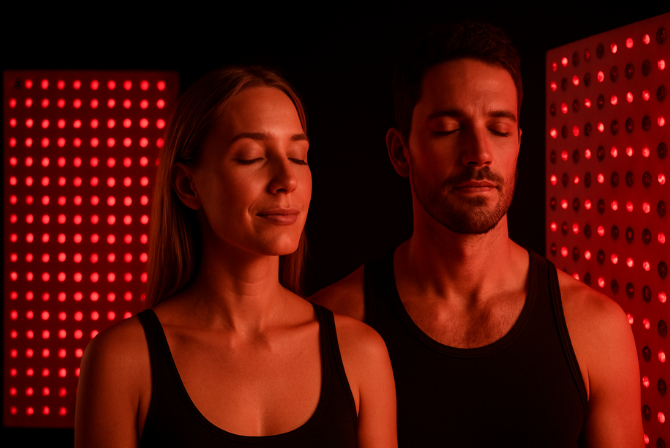 Man and woman using a red light therapy panel at home for wellness and recovery