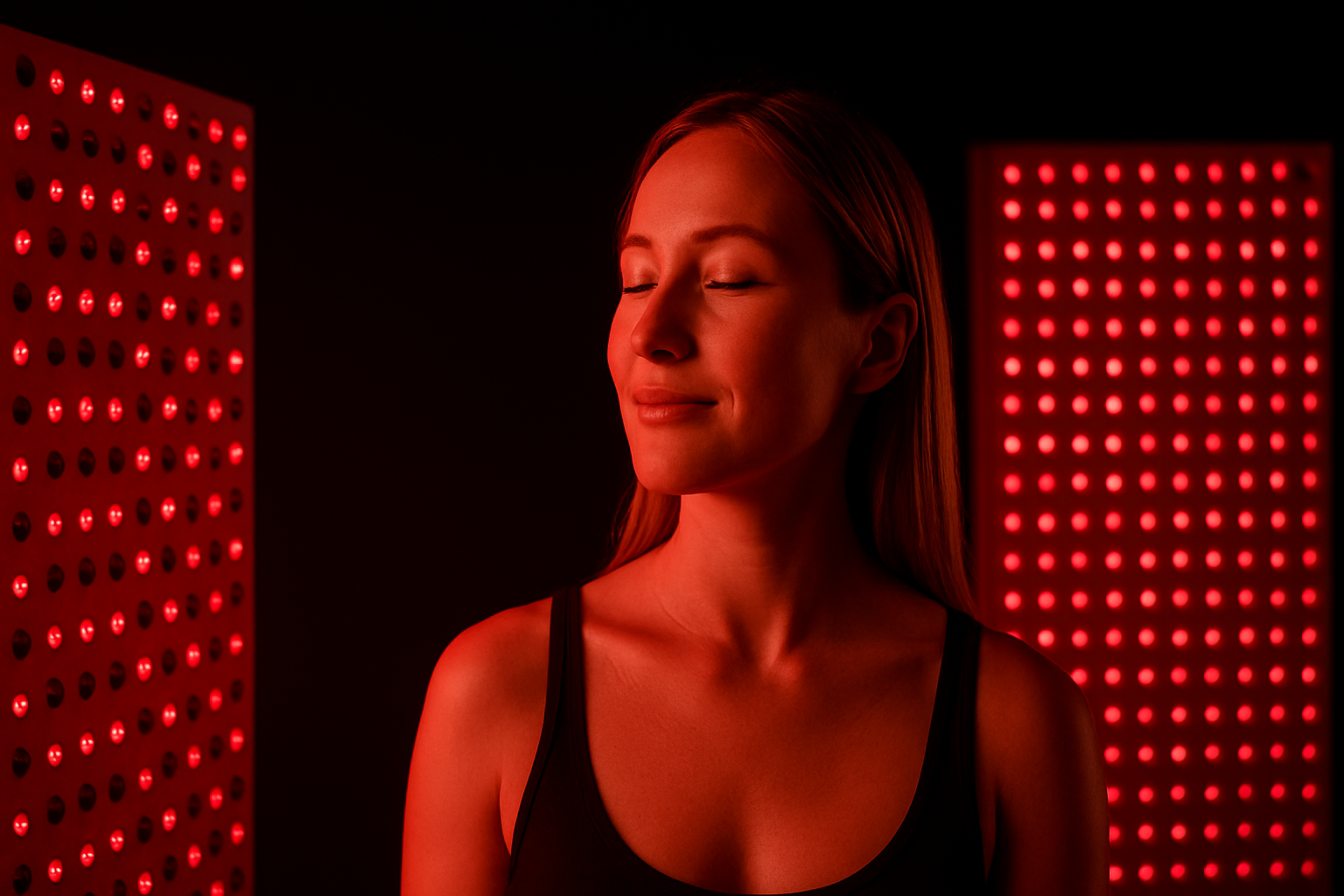 woman using a red light therapy panel at home for wellness and recovery