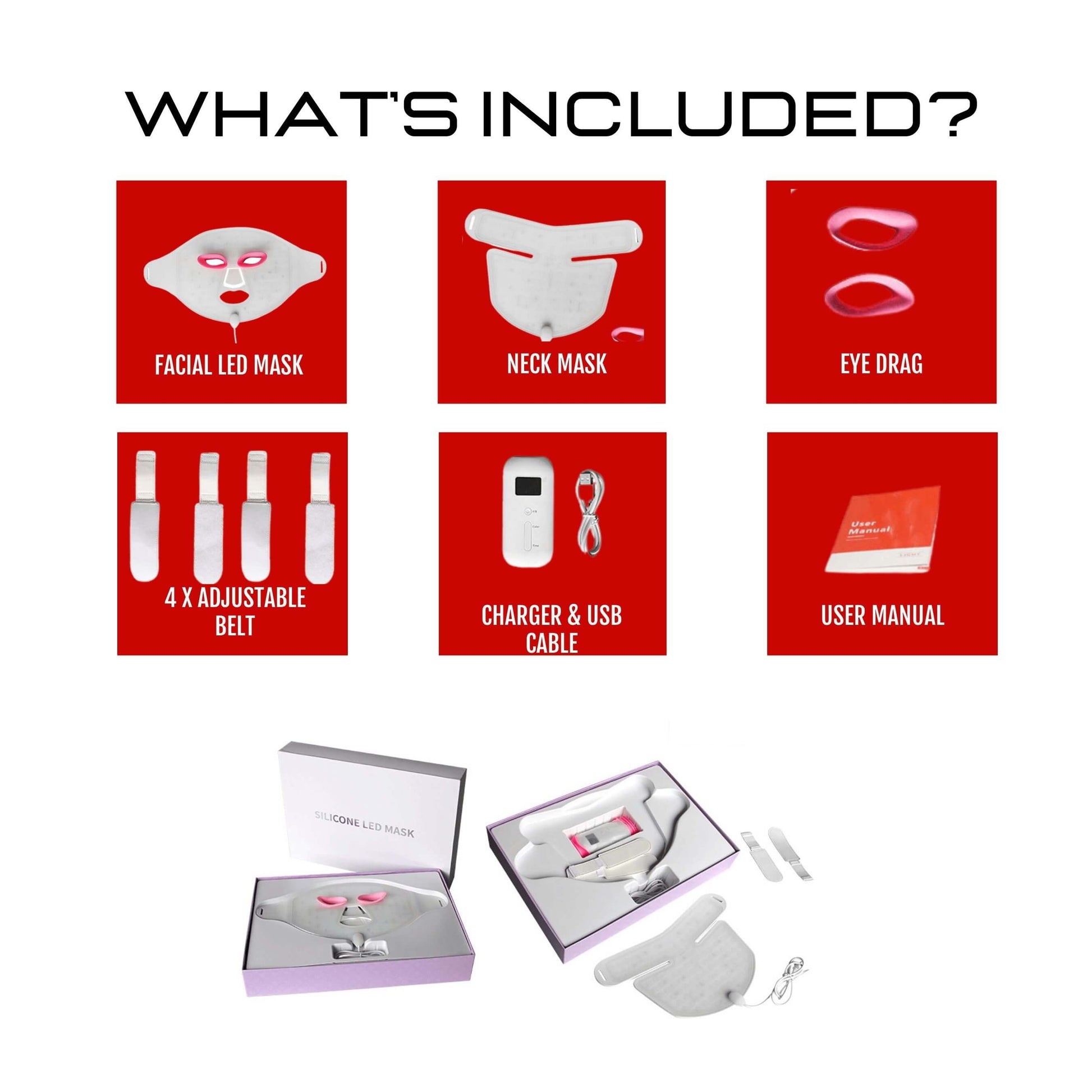 Red Light 7-Colour LED Mask accessorie pack and box